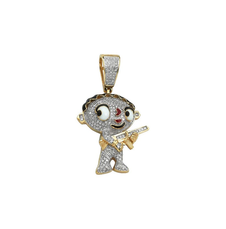 Solid Yellow Gold Diamond Cartoon Baby with Gun Pendant - Diamond Stewie Griffin with Gun Necklace - Baby from Family Guy with Gon