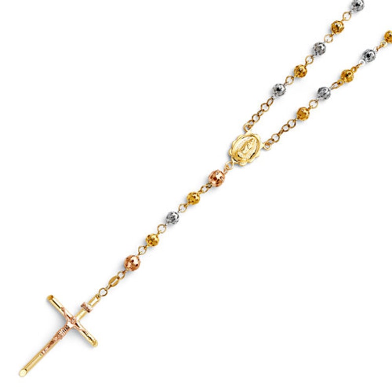Rosary Beads Necklace 14K Tri-color Gold Virgin Mary Medal Jesus Cross Pendant Rosario Necklace - Real white Gold Rosary Beads Necklace