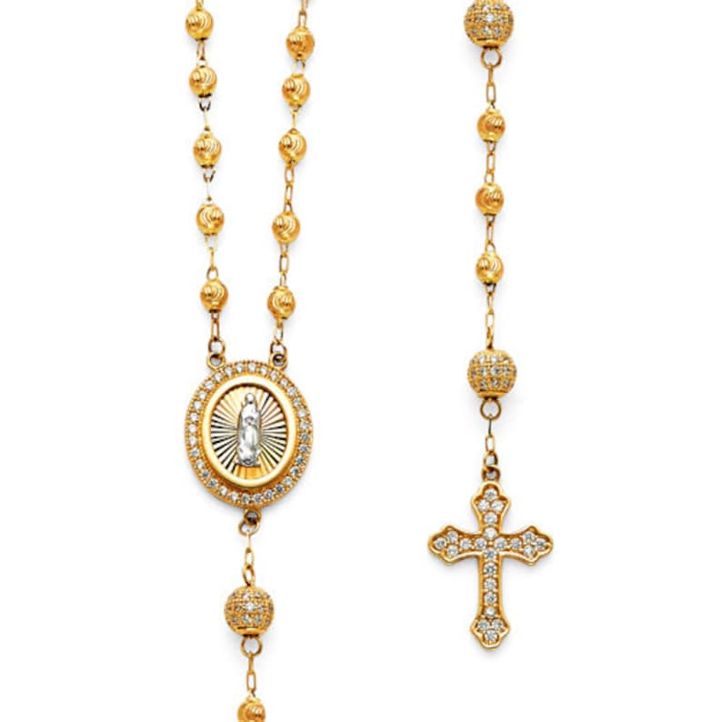 14K Tri-Color Diamond Gold Rosary Beads Necklace - Crucifix Chain Diamond Cross Necklace - Diamond Rosary Yellow Gold Cross Necklace