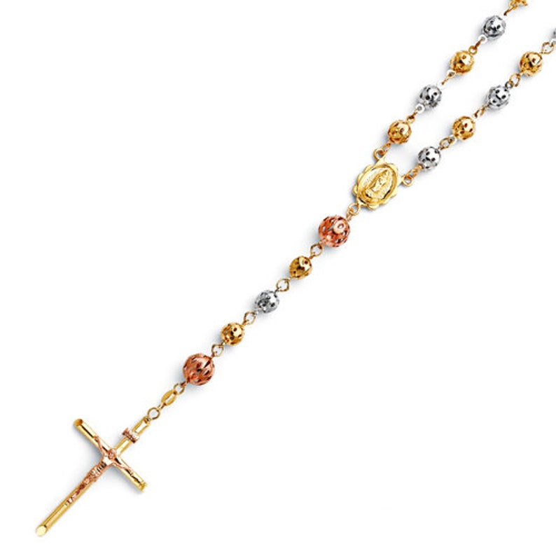 14k Yellow Gold Rosary Necklace - Cross Necklace - Gold Rosary - Rose Gold Rosary - Religious Necklace - Tro-color Real Gold Rosary Necklace