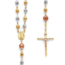 Load image into Gallery viewer, 14k Yellow Gold Rosary Necklace - Cross Necklace - Gold Rosary - Rose Gold Rosary - Religious Necklace - Tro-color Real Gold Rosary Necklace
