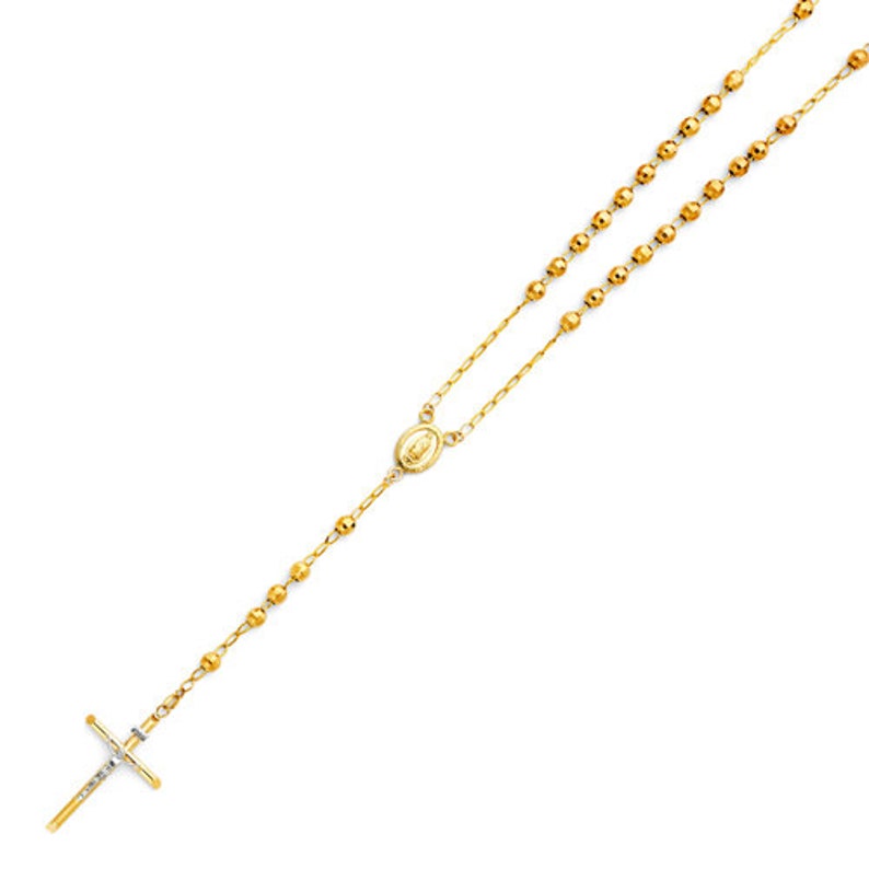 14k Yellow Gold Rosary Beads Necklace - Virgin Mary Medal Jesus Cross Pendant - Rosario Necklace Real Yellow Gold Necklace