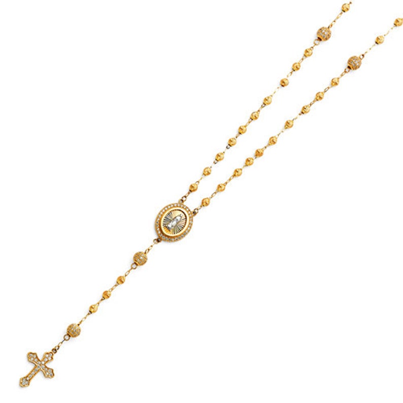 14k Yellow Gold Rosary Necklace - Virgin Mary Jesus Cross Pendant - Gold Rosary Beads - Diamond Tri-Color Gold Rosary Necklace