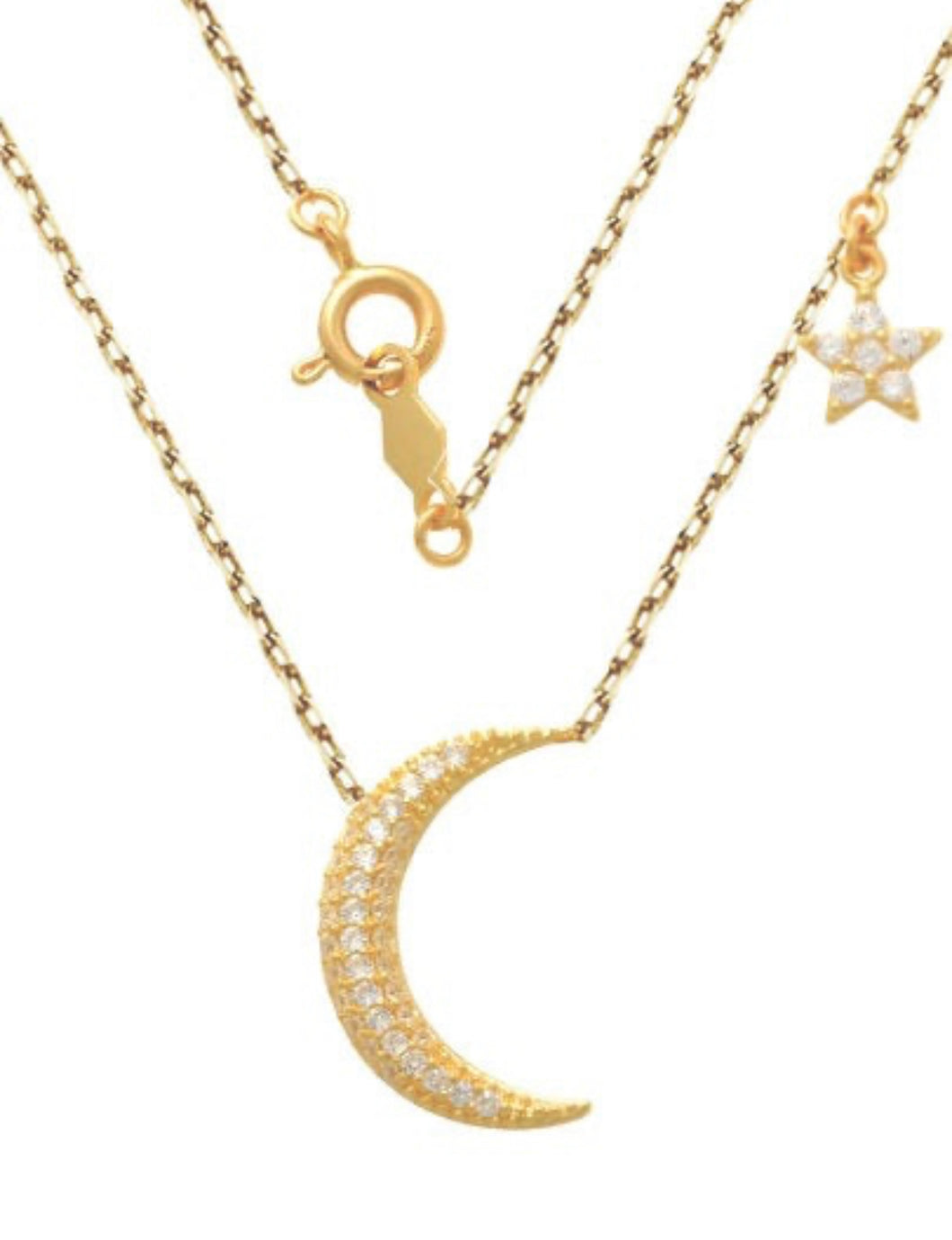 Solid 14k Yellow Gold Moon and Star Diamond Necklace, Dainty Crescent Charm Pendant - Elegant Moon and Star Necklace - Star Necklace