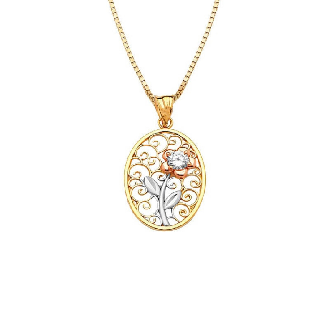 14K Solid TriColor Rose Gold Pendant - Oval Shaped Pendant - Red Flower CZ Diamond Necklace - White Leaf Love Necklace