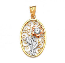 Load image into Gallery viewer, 14K Solid TriColor Rose Gold Pendant - Oval Shaped Pendant - Red Flower CZ Diamond Necklace - White Leaf Love Necklace
