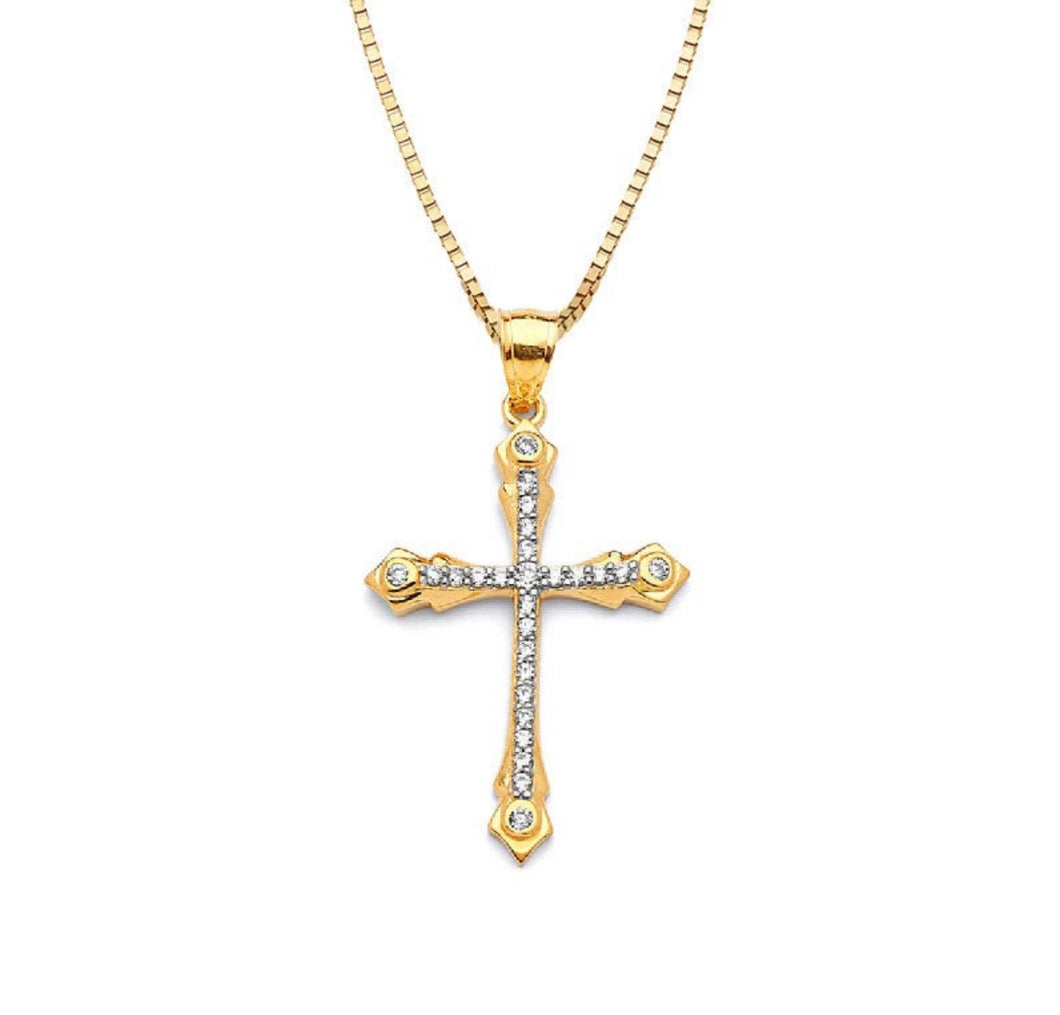 Solid 14k Yellow Gold CZ Diamond Necklace - Dainty Cross Religious Pendant - Cubic Zirconia Baptism Gift - White Diamond Crucifix Necklace