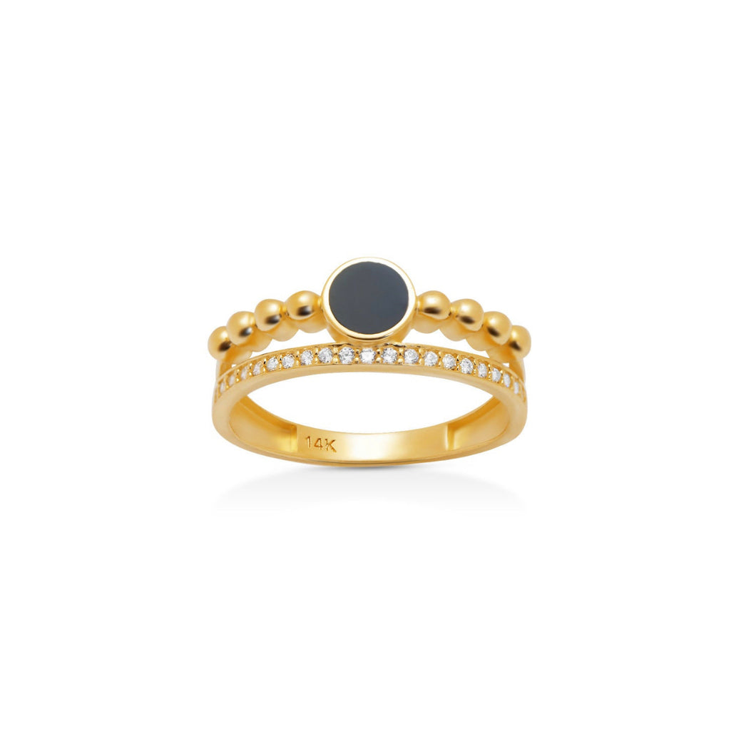 Onyx Crown 14k Gold Cubic Zirconia Ring - Yellow Round Solid Band -White Stackable Two-Line Luck Ring - 2022 Style Elegant Jewelry
