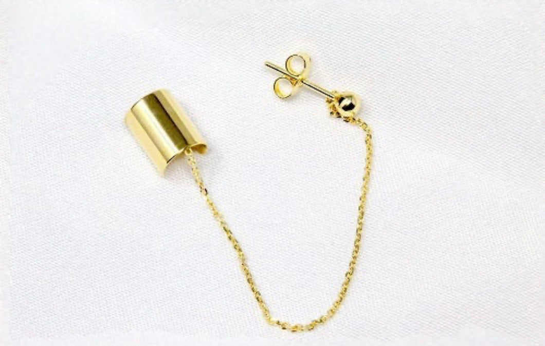 14k Yellow Gold Ear Cuff Earring - Dainty Piercing Earring - Screw Back Ball Chain 35mm 10mm - Real Gold Stud