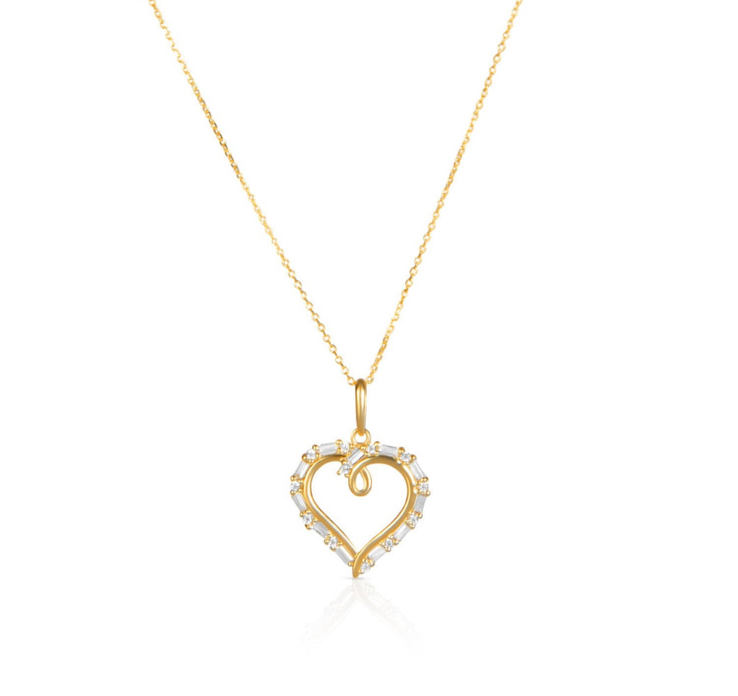 Baguette Diamond Solid 14k Gold Necklace - Yellow Open-Heart Pendant - Anniversary Long Chain - Open Heart Pendant 14K Solid Yellow Gold