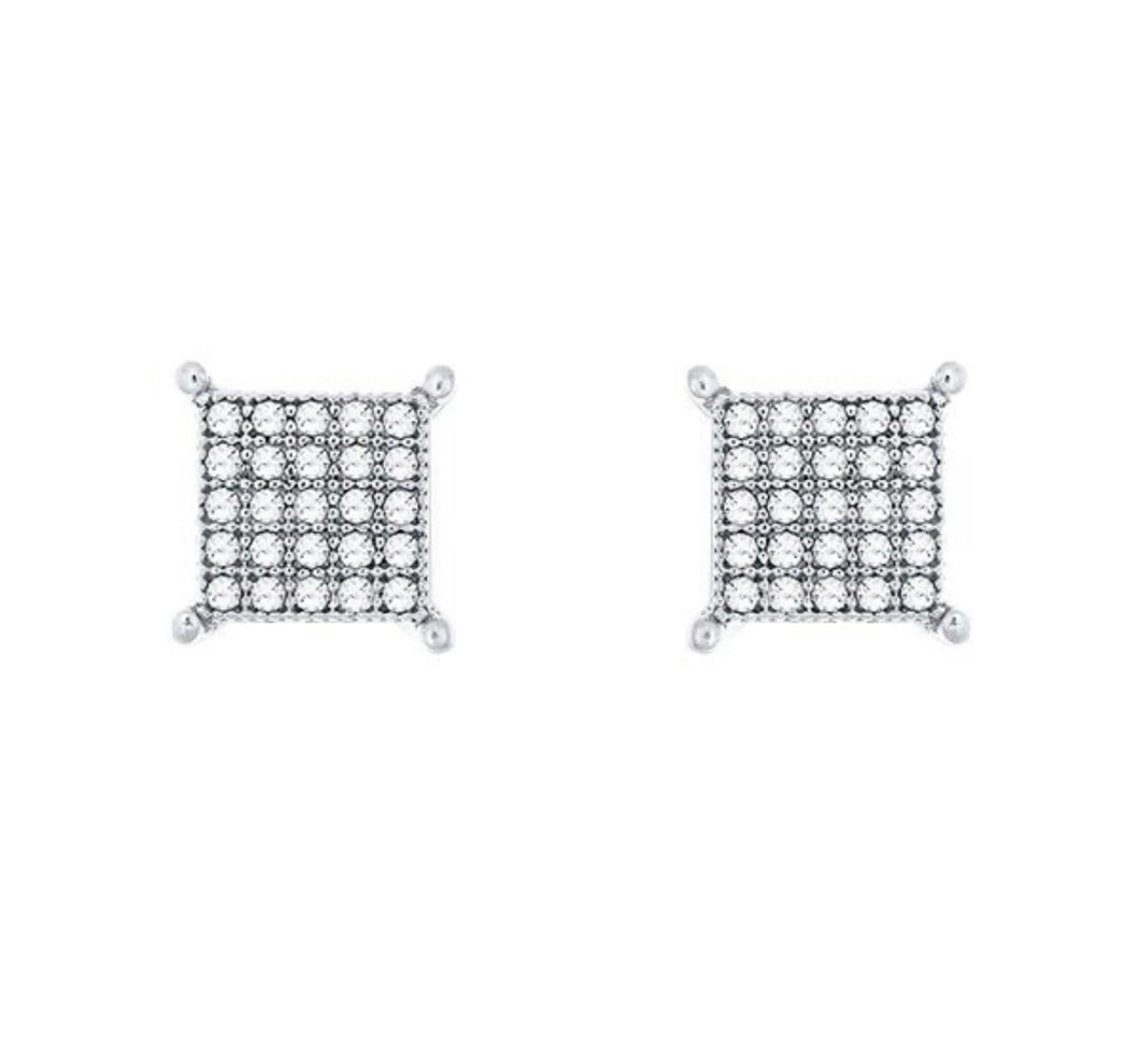 White Solid 14k Earring - CZ Diamond Square Micro Pave Stud - Princess Cut Earrings - Push Back Cartilage - Unisex Elegant Tragus 6mm