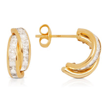 Load image into Gallery viewer, 2Row CZ Diamond Earrings - 14k Solid Gold huggie Earring - Yellow Elegant Yellow Geometric Hypoallergenic Earrings - 6mm 13mm Real Gold Stud
