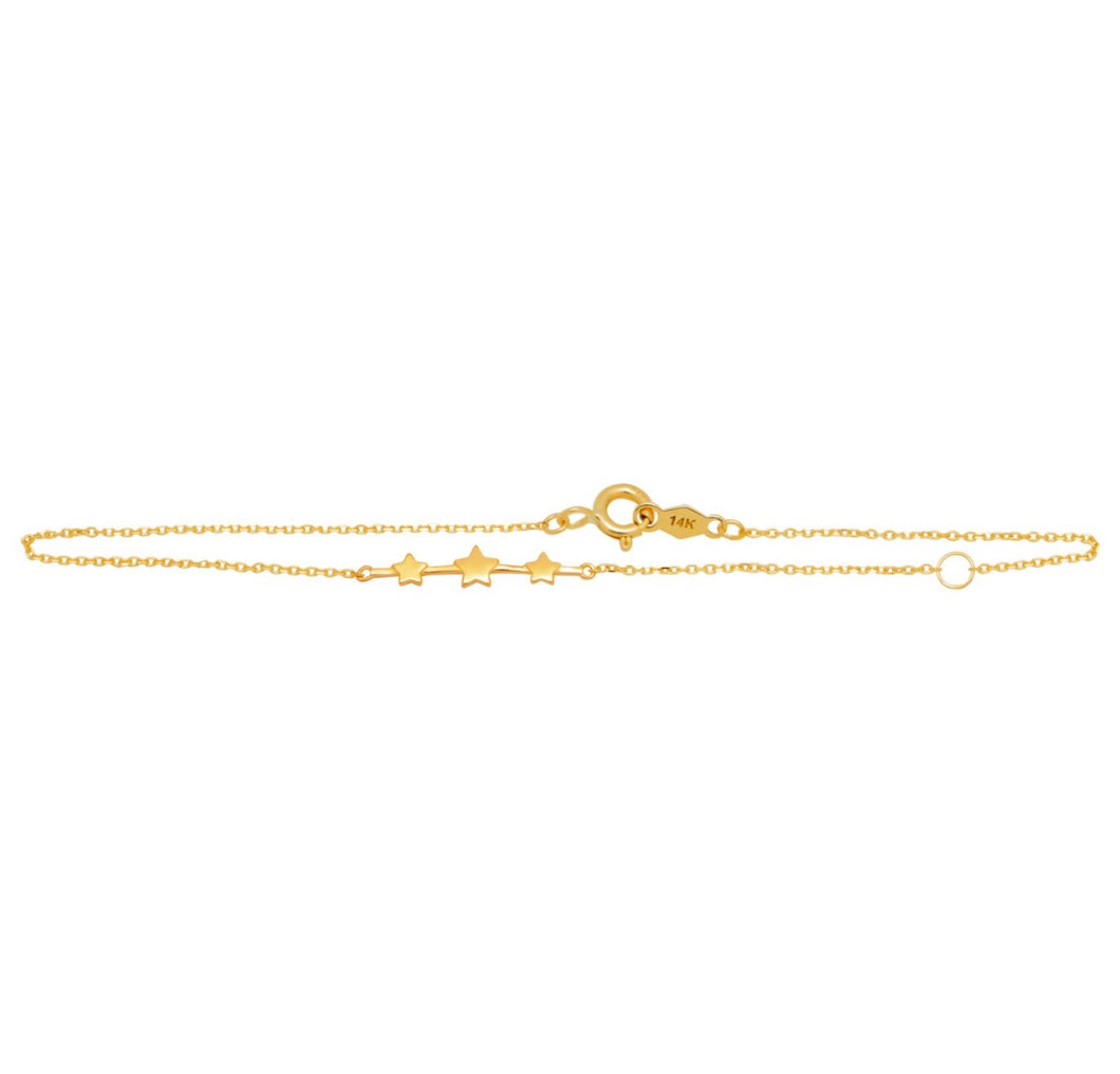 3 Star Solid 14k Yellow Gold Bracelet - Hand Made Delicate 4mm 7inches Chain - Little Star Bar Minimalist
