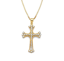Load image into Gallery viewer, Solid 14k Yellow Gold Bow tie Cross Necklace -Arch CZ Diamond Religious Pendant -Cubic Zirconia Baptism Gift-White Diamond Crucifix Necklace
