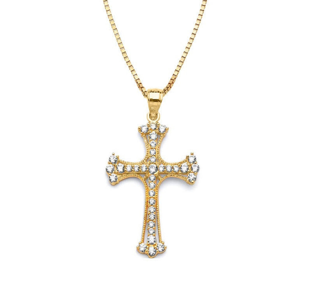 Solid 14k Yellow Gold Bow tie Cross Necklace -Arch CZ Diamond Religious Pendant -Cubic Zirconia Baptism Gift-White Diamond Crucifix Necklace