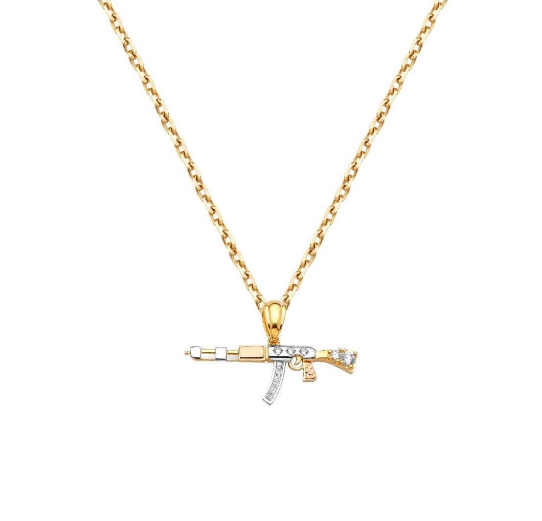 14K Solid Yellow Gold Gun Necklace - AK-47 Gun link Chain Necklace -Two Tone Gold Pendant - Soldier gift necklace - AK-47 Gold Necklace
