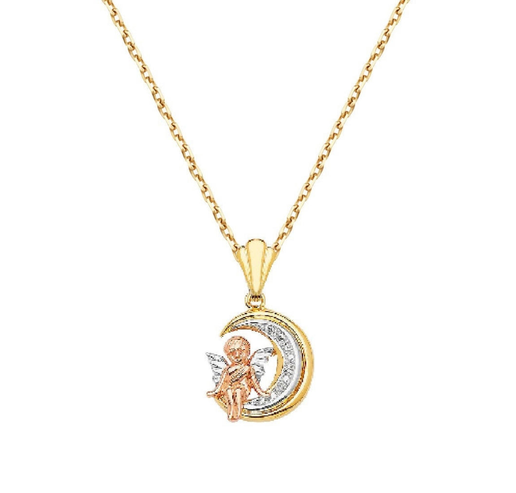 Angel Solid 14k Yellow Gold Pendant - Moon Baby Angel CZ Diamond Necklace - Cherub Baptism Gift Necklace - Cherubim Religious Necklace