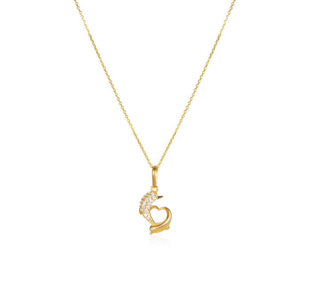 Solid 14k Yellow Gold Diamond Dolphin Necklace - Diamond Dolphine Jewelry - Gold Dolphin Heart Necklace - Hugging Heart Dolphins Necklace