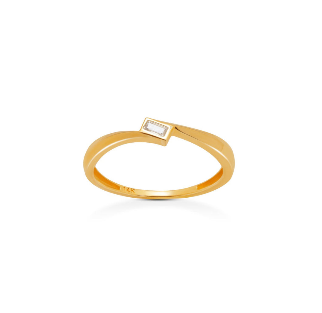Baguette 14k Yellow Gold Wedding Ring - Dainty CZ Diamond Solitaire Ring - Tiny Wedding Band Jewelry - Rectangle Baguette Ring