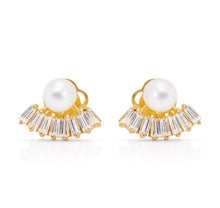 Load image into Gallery viewer, Baguette Pearl Solid 14k Gold Earrings - Pearl CZ Diamond Yellow Stud - Round Ball Natural Pearl Earrings - Cartilage Tragus 6mm 9mm
