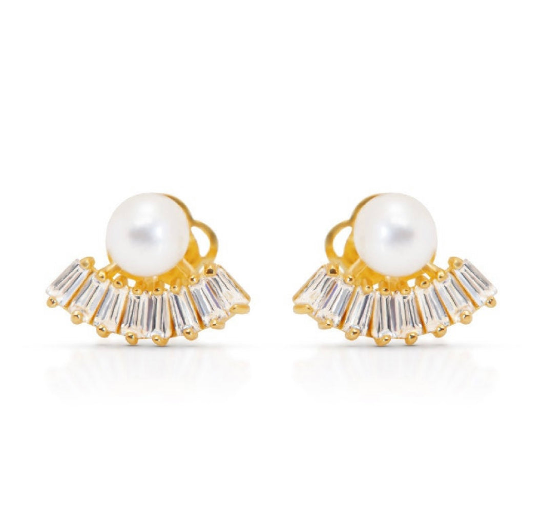 Baguette Pearl Solid 14k Gold Earrings - Pearl CZ Diamond Yellow Stud - Round Ball Natural Pearl Earrings - Cartilage Tragus 6mm 9mm