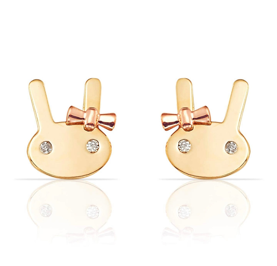 Bunny Play boy 14Solid Gold Earrings - CZ Diamond Eyes Yellow Earrings - Push Back Rose Bow Earrings - Crystal Eye 7mm