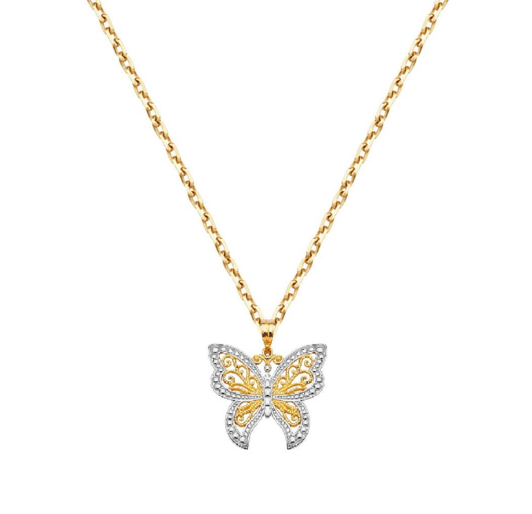 Butterfly Solid 14k Yellow Gold Necklace - Animal Butterfly Diamond Pendant - Two Tone Butterfly Gold - High quality Butterfly Necklace