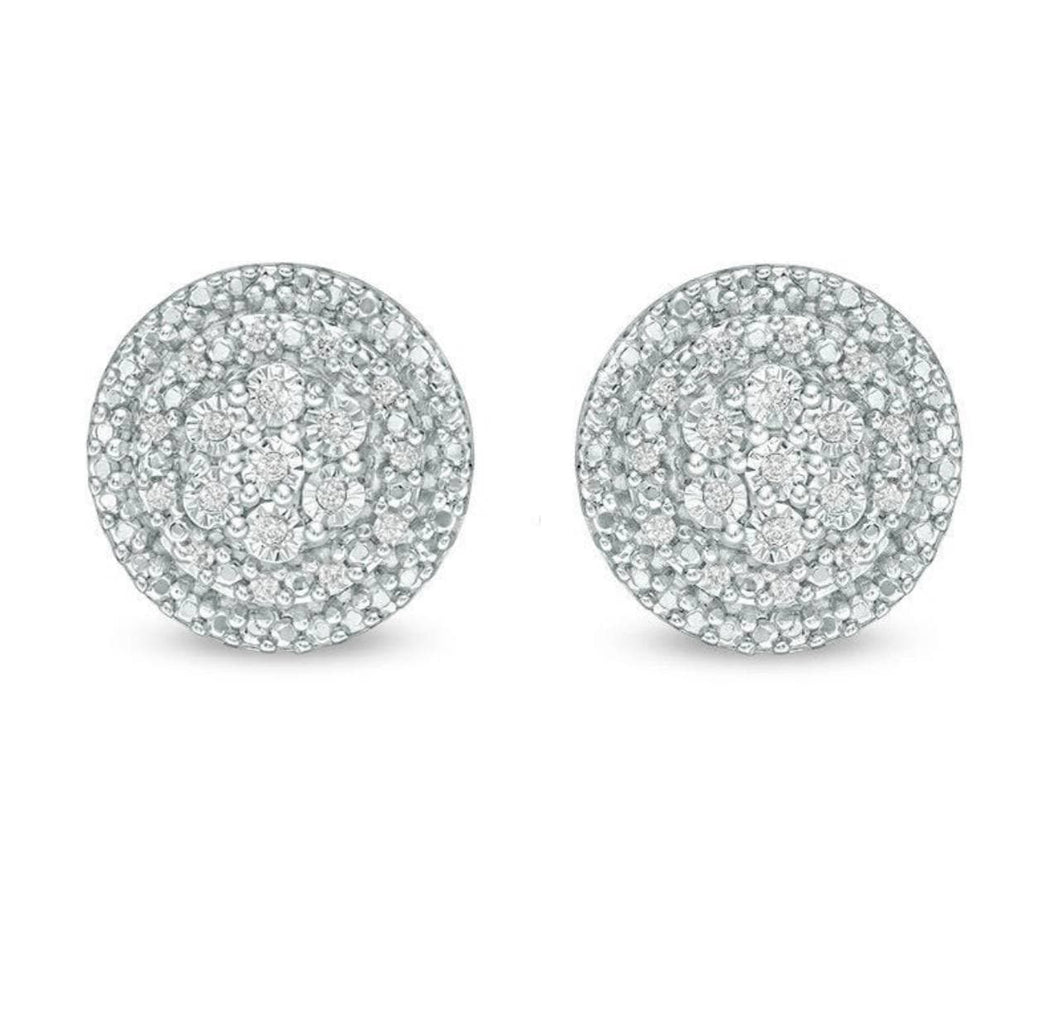 White Solid 14k Earring - CZ Diamond Circle Pave Stud - Round Real Gold Earrings - Push Back Cartilage 9mm - Dainty Elegant Tragus