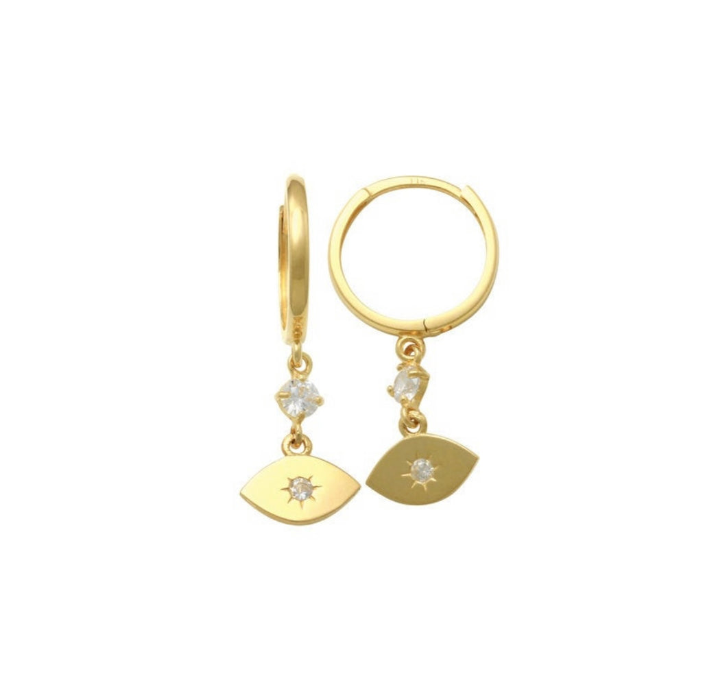CZ Diamond Evil Eye Solid Gold Hoop Earring - 14k Yellow Earlobe Tragus Gold Earrings - Minimalist Dainty Real Gold Jewelry