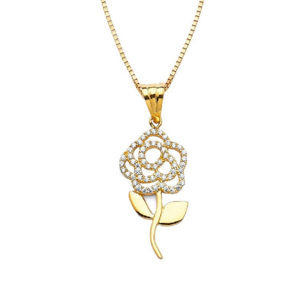 14K Solid Yellow Rose Gold Pendant - CZ Diamond Flower Necklace - Charm Te Amo Necklace - Cubic Zirconia 15 mm 30 mm