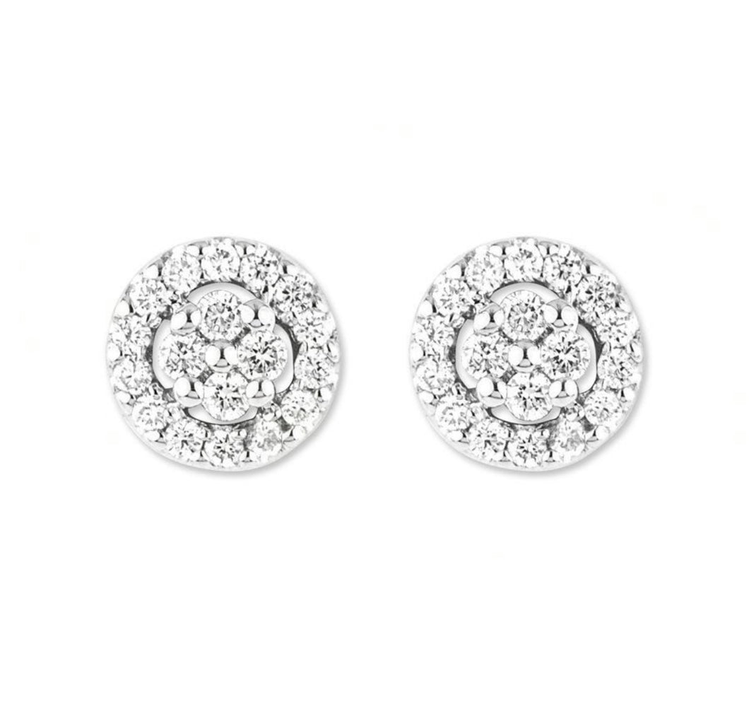 CZ Diamond Solid 14k Earring - White Round Pave Stud - Circle Real Gold Earrings - Push Back Cartilage 8mm - Dainty Elegant Tragus Jewelry