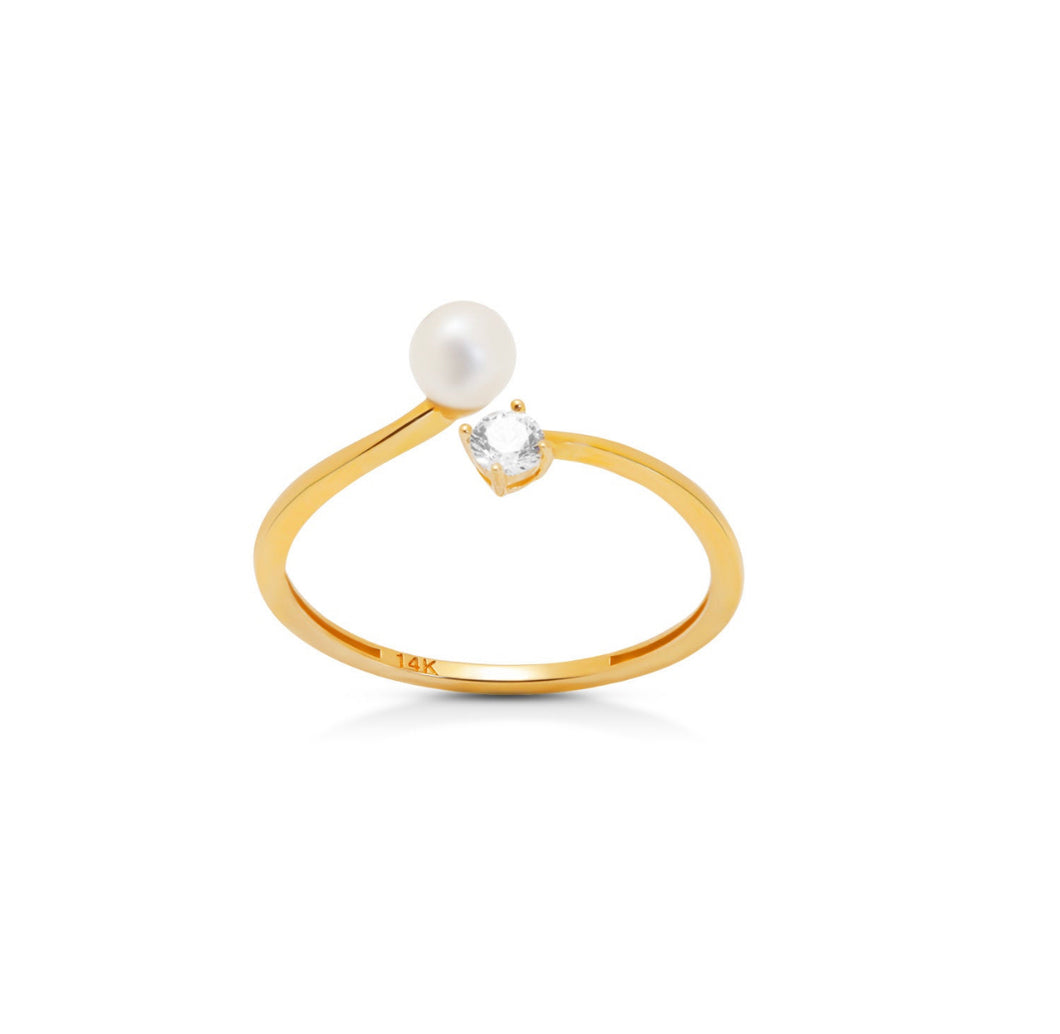 Classic Solid 14K Gold Pearl Rings - Yellow Solitaire Ring - Unique Minimalist Anniversary Ring