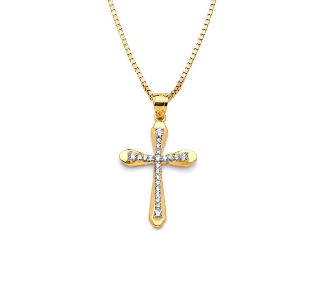 Cross Religious Pendant - Solid 14k Yellow Gold CZ Diamond Necklace -  White Diamond Baptism Gift - Crucifix Necklace