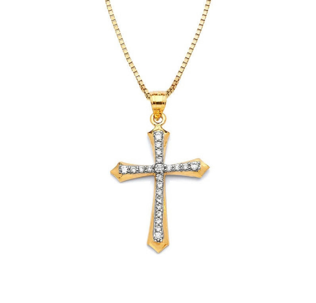 Cross Religious Pendant - Solid 14k Yellow Gold CZ Diamond Necklace - White Diamond Baptism Gift - Cubic Zirconia Crucifix Necklace