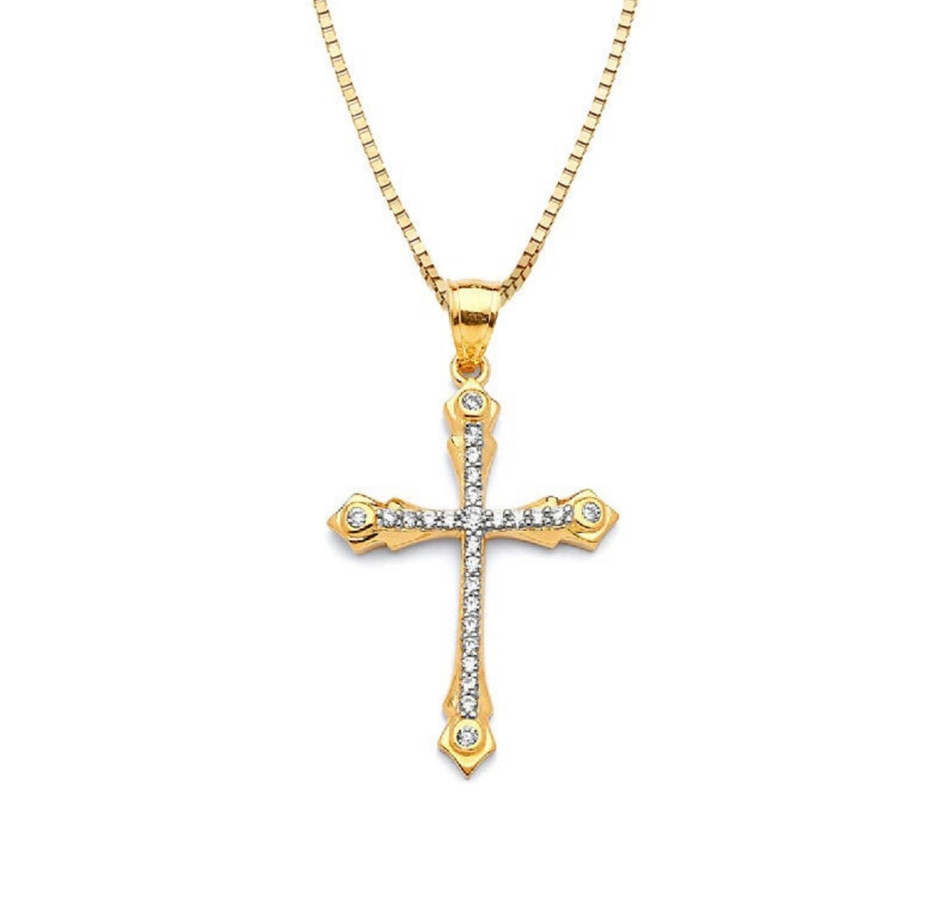 Solid 14k Yellow Gold Cross Necklace - Dainty Cross Religious Pendant - Cubic Zirconia Baptism Gift - White Diamond Crucifix Necklace