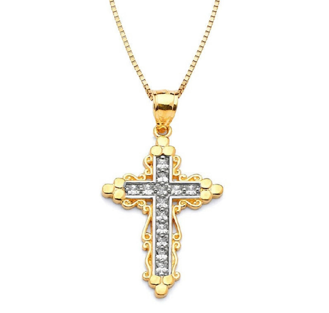 Solid 14k Yellow Gold Cross Necklace - Dainty CZ Diamond Religious Pendant - Cubic Zirconia Baptism Gift - White Diamond Crucifix Necklace