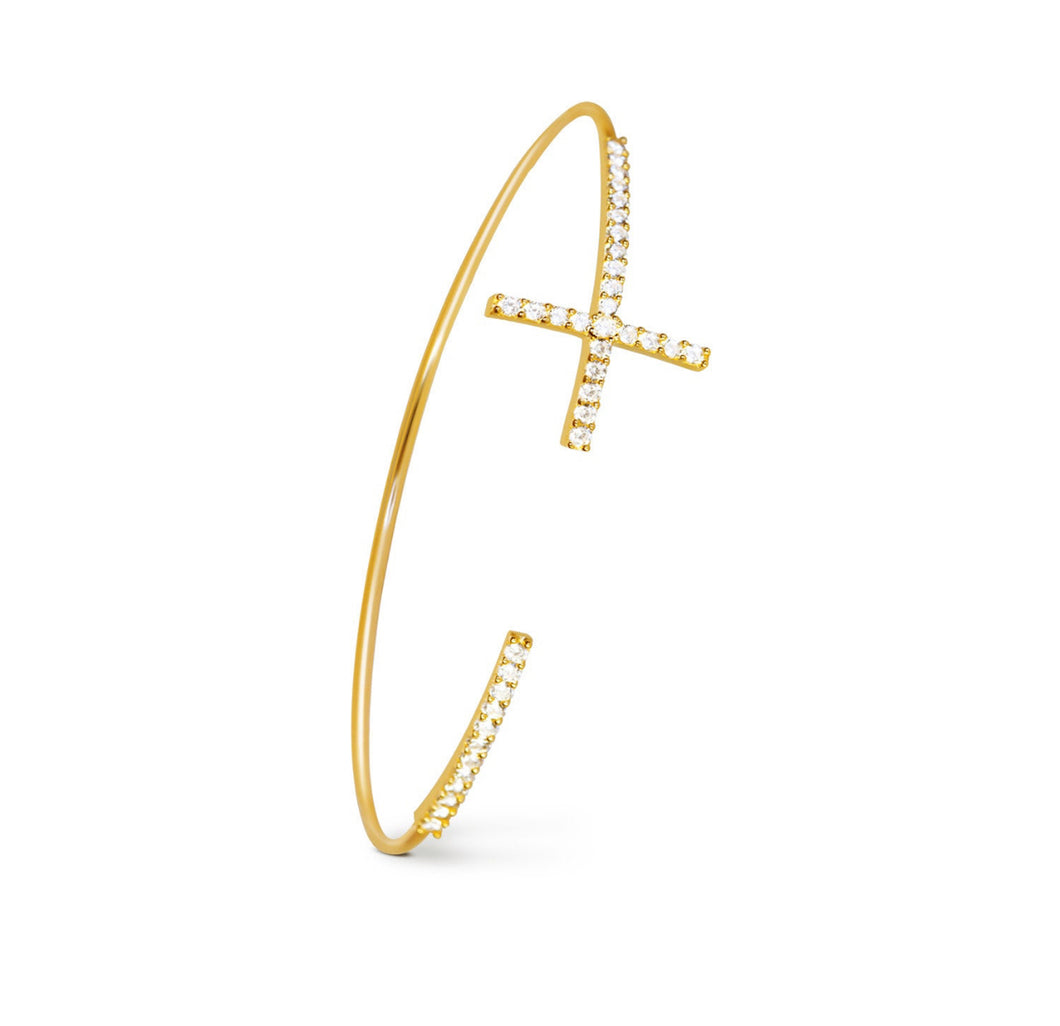 Diamond Cross Bangle - Solid 14K Yellow Real Gold - Religious Luck Dainty Bracelet - Hinged Open CZ Bracelet 6mm 7inches