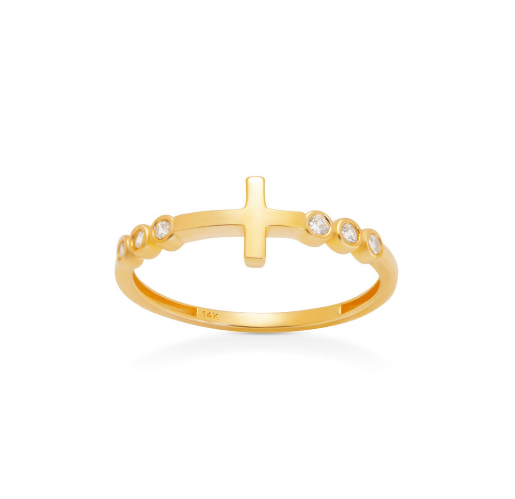 Diamond Cross Solid 14K Yellow Gold - Sideways Cross Ring - Dainty Cross Ring - Minimalist Religious Ring