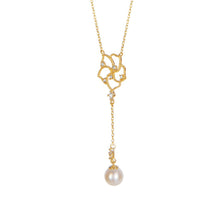 Load image into Gallery viewer, Solid 14k Gold Flower Necklace - Diamond Drop Pearl Pendant - Leaf Fresh Water Round Ball Pearl Necklace
