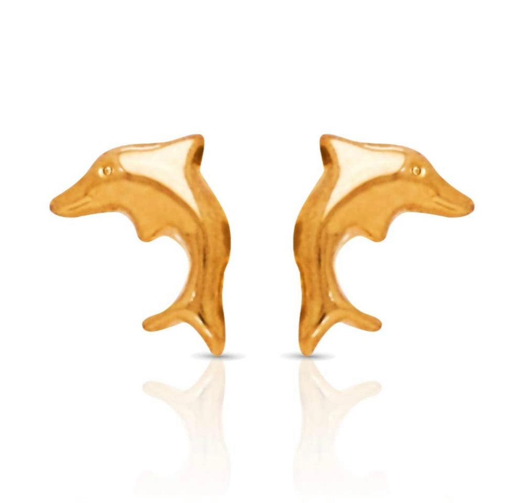 Dolphin Solid 14k Yellow Gold Stud - Animal Lover Real Gold 4-5 mm Earring - Push Back Earlobe - Awareness Dolphin Jewelry
