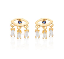 Load image into Gallery viewer, Eye Evil Solid 14k Yellow Gold Stud -Drop 3 baguette Sapphire Earrings - Tragus Push Back Stone Stud 3mm 7mm
