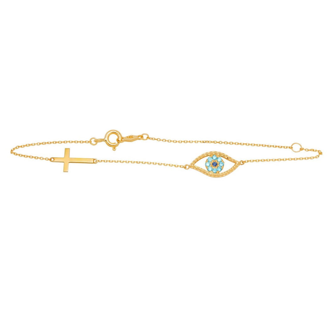 Evil Eye Solid 14K Gold Bracelet, Blue Turquoise Resizable Chain, Elegant Cross Religious 8mm 7inches, 2022 Protection Nazar Arm Jewelry Set