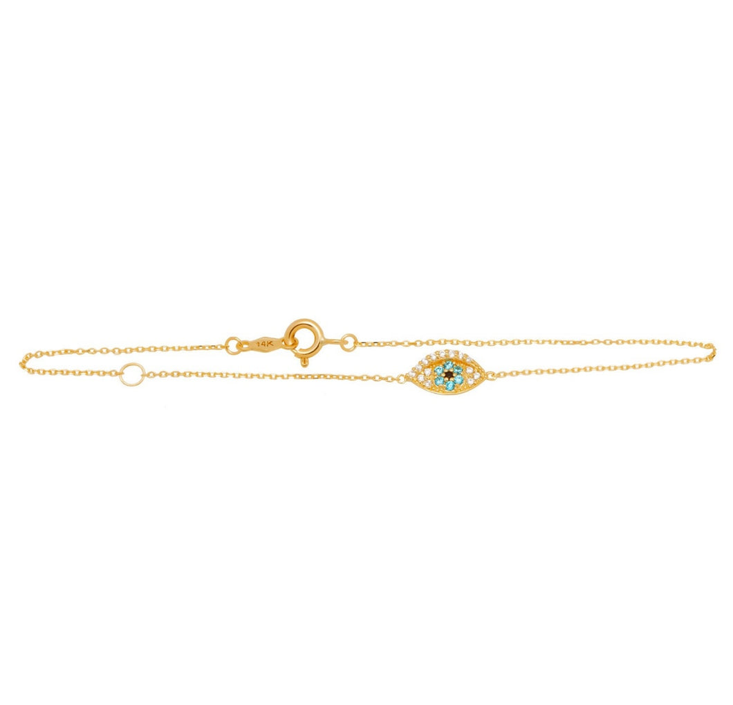 Evil Eye Solid 14K Gold Bracelet - Blue Turquoise Resizable Bracelet - Elegant Mystic Religious 6mm 7inches - Lobster claw Chain