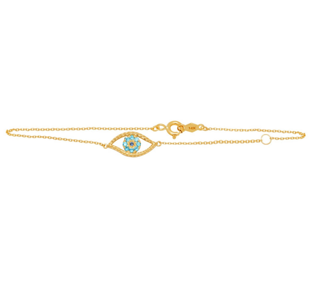 Evil Eye Solid 14K Gold Bracelet - Blue Turquoise Resizable Bracelet - Elegant Mystic Religious 8mm 7inches - Lobster claw Chain