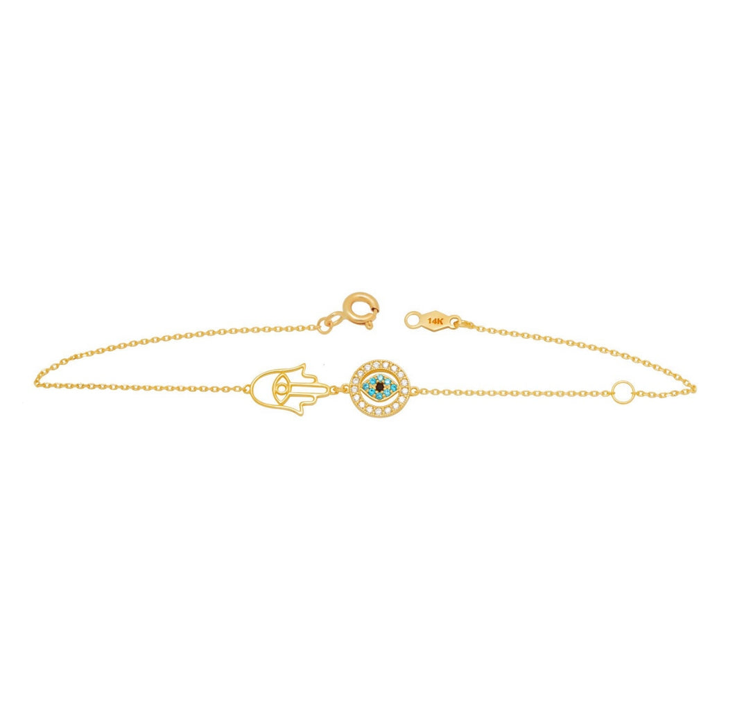 Evil Eye Solid 14K Gold Bracelet - Hamsa Blue Turquoise Bracelet - Dainty Religious 10mm 7inches - Lobster claw Chain