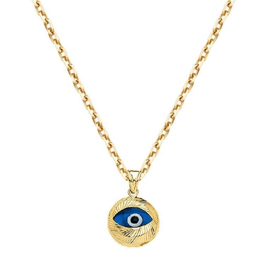 Solid 14k Yellow Gold Evil Eye Necklace - Blue Sapphire Pendant - Protection Charm - Minimalist Religious Ball Evil Eye Good luck Necklace