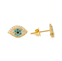 Load image into Gallery viewer, Evil Eye Solid 14k Yellow Gold earrings - White Blue Stone Stud - Luck Earrings with Sapphire Stone - Cubic Zirconia Push Back 5/10 mm

