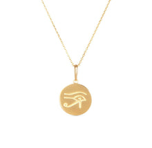 Load image into Gallery viewer, Solid 14k Yellow Gold Coin Eye Egyptian Necklace - Dainty Egyptian Eye Necklace - Eye of Ra Round Disk Necklace - Spiritual Egyptian Gold
