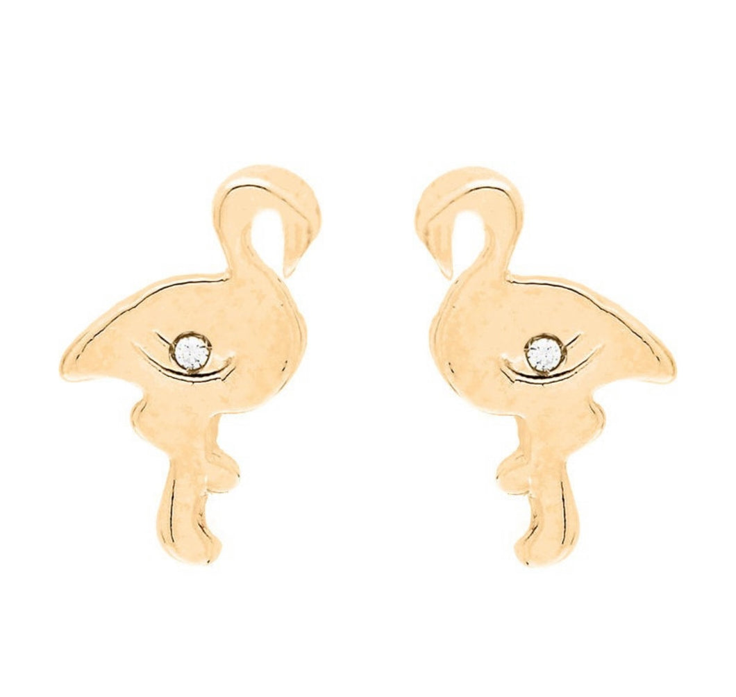 Flamingo Solid 14K Gold Earrings - Yellow Good Luck Animal Lover Stud - Real Gold Beauty Stud - Push Back 5mm 12mm Jewelry - Natural Gold