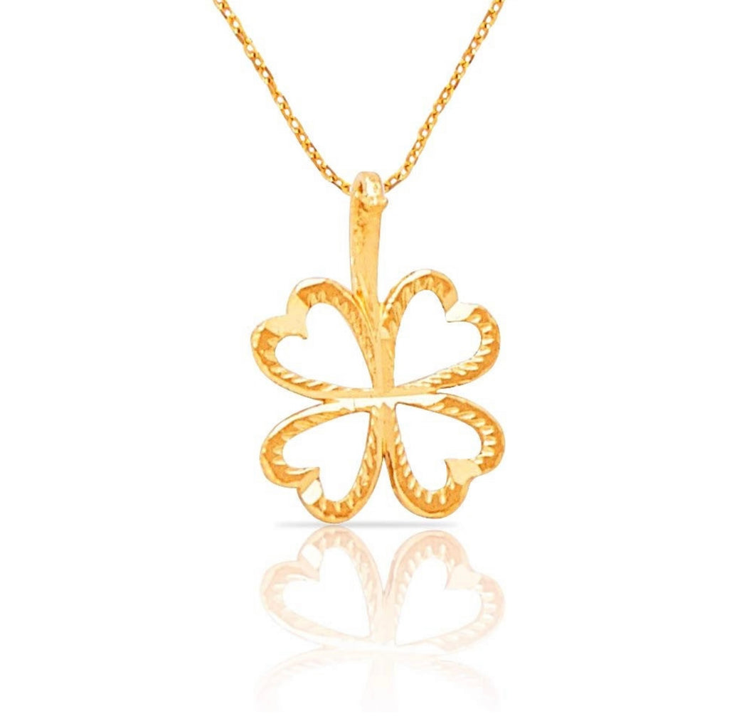 Four Leaf Lucky Clover Necklace - 14K Solid Gold Dainty Women Pendant - Hand Made Chain 18 inches 18 mm 11 mm